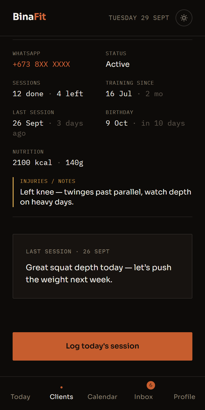 A client in the app, with 4 parts marked