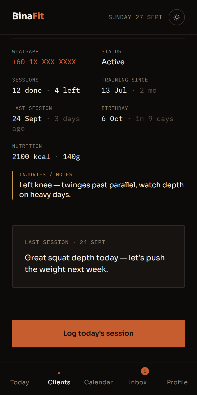 A client in the app, with 4 parts marked